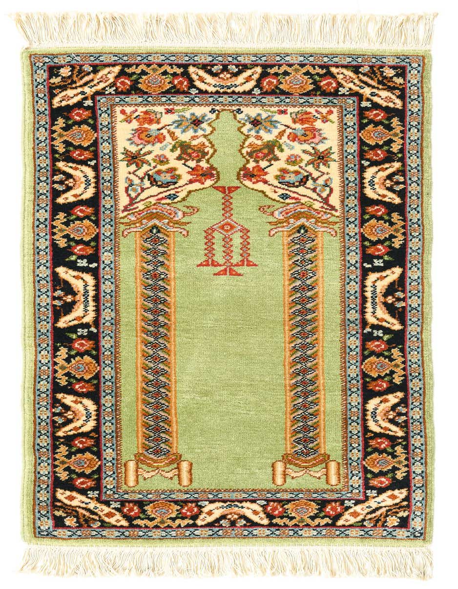 A 3x4 rectangular Lahour rug featuring a traditional Oriental medallion design in greens, black, and cream with floral accents.
