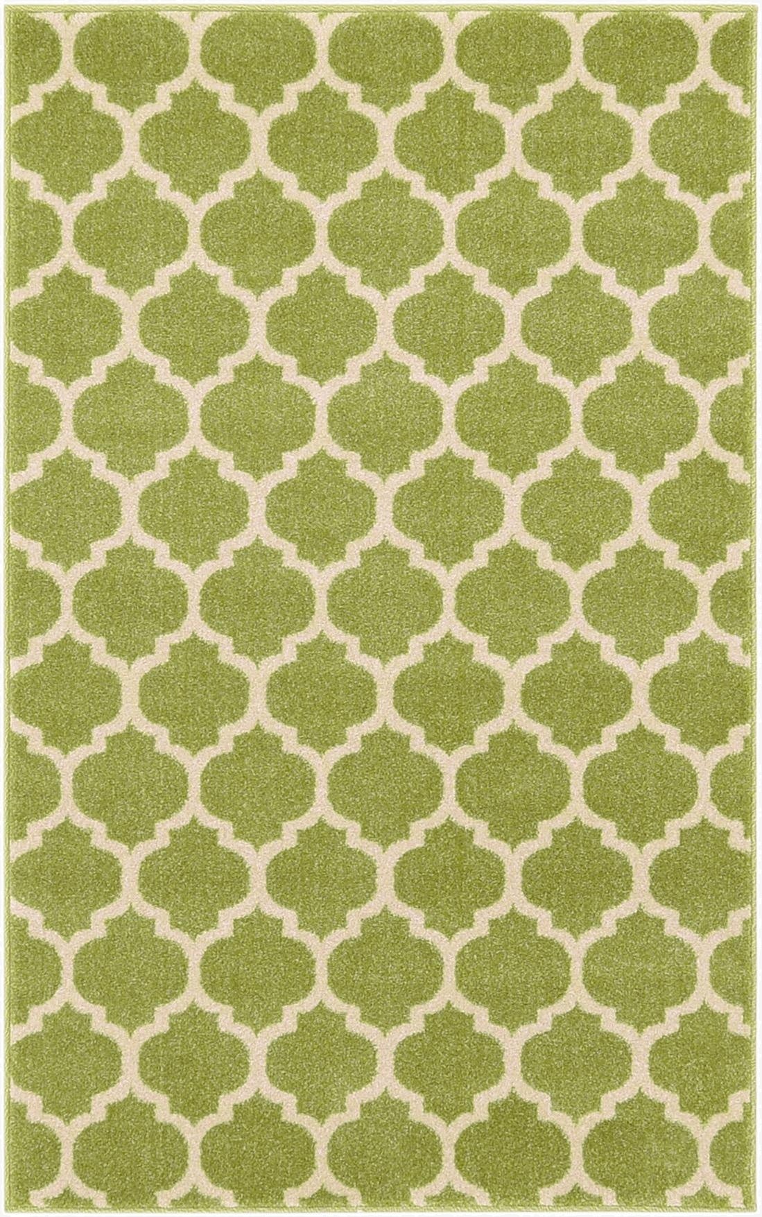 A 3x5 rectangular green and beige modern trellis rug, perfect for a kitchen or entryway.
