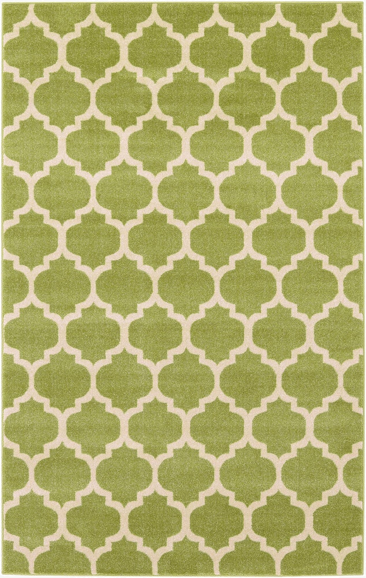 A 5x8 rectangular green and cream trellis pattern rug, ideal for a modern living room or bedroom.