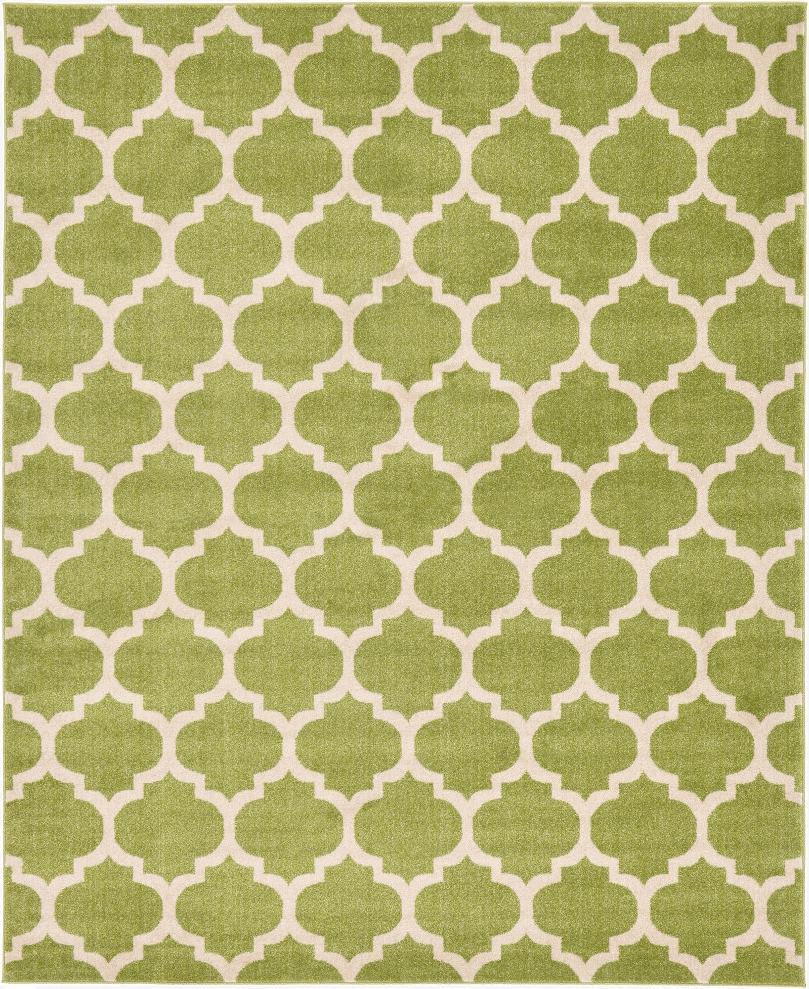 A rectangular 8x10 green area rug featuring a modern white trellis pattern, suitable for a living room.