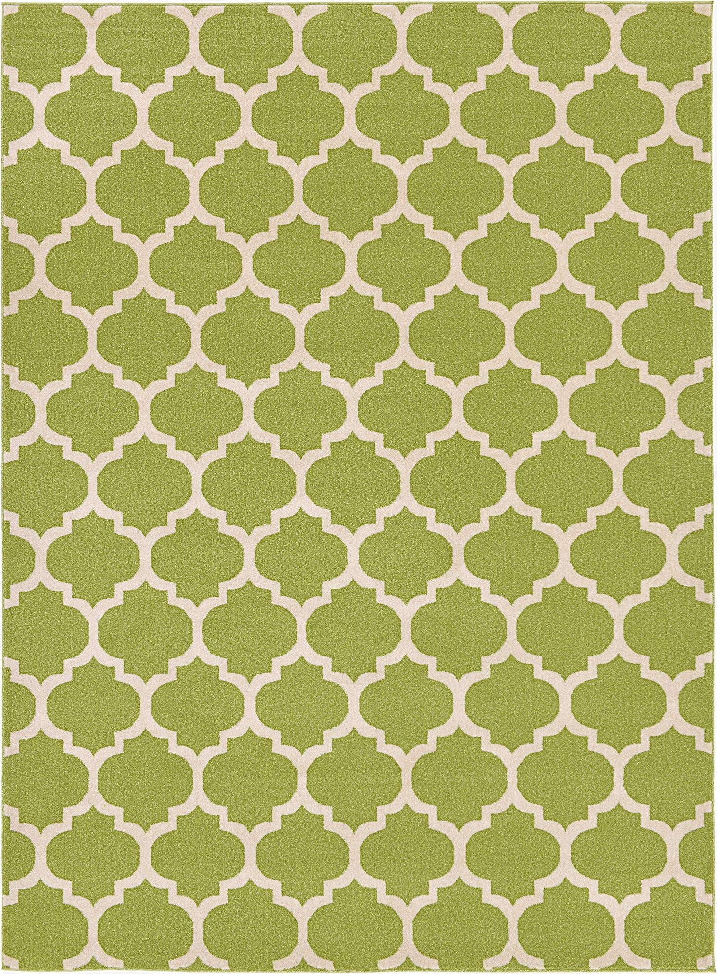 A rectangular 8x11 green and cream modern trellis rug, made of polypropylene, perfect for a living room.