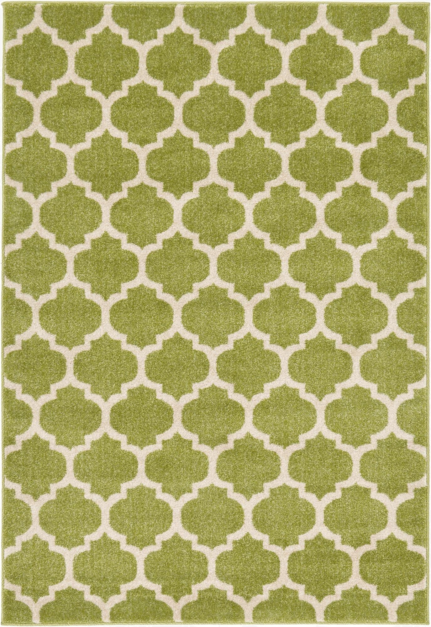 A 4x6 rectangular green area rug with a modern white trellis pattern, suitable for a living room or bedroom.