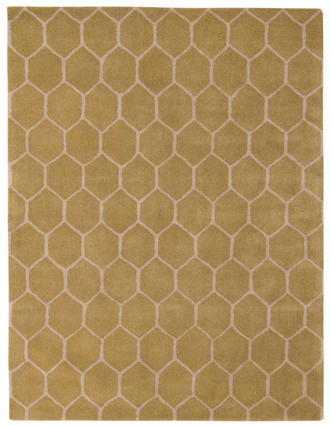 A 5x8 rectangular green modern rug with a high pile, featuring a repeating light green honeycomb pattern.