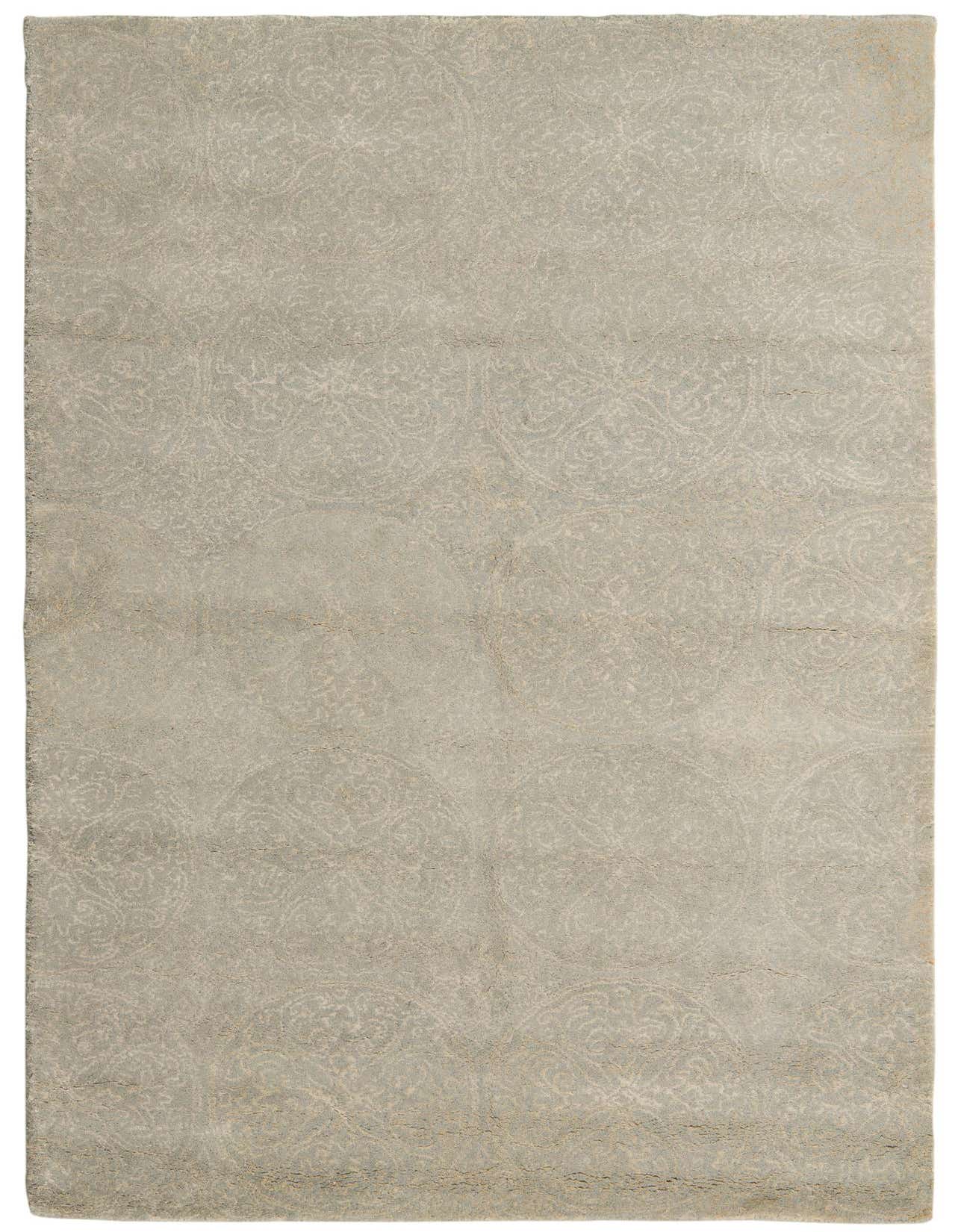 A 5x8 rectangular green modern wool and silk rug with a subtle patterned design, ideal for a living room.