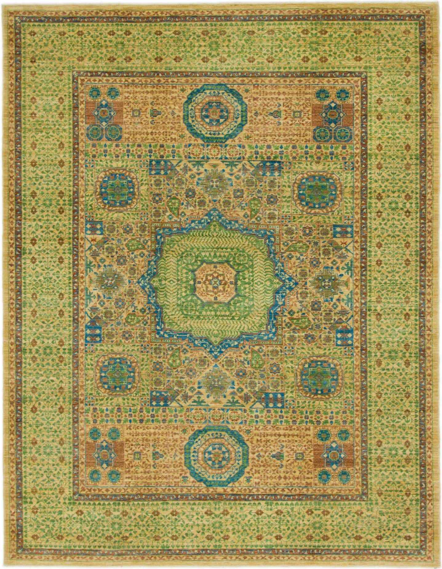 A 6x9 rectangular Mamluk Ziegler rug featuring a central medallion and tribal patterns in green, blue, and brown.