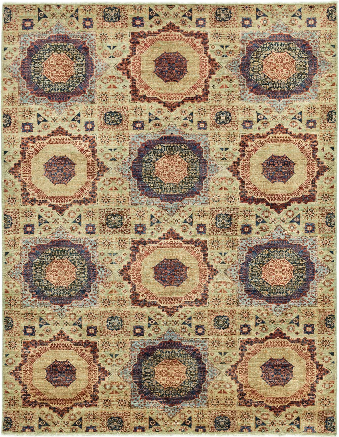 A 6x9 rectangular Mamluk Ziegler rug featuring a Southwestern and Tribal pattern in shades of green, rust, and blue, ideal for a living room.