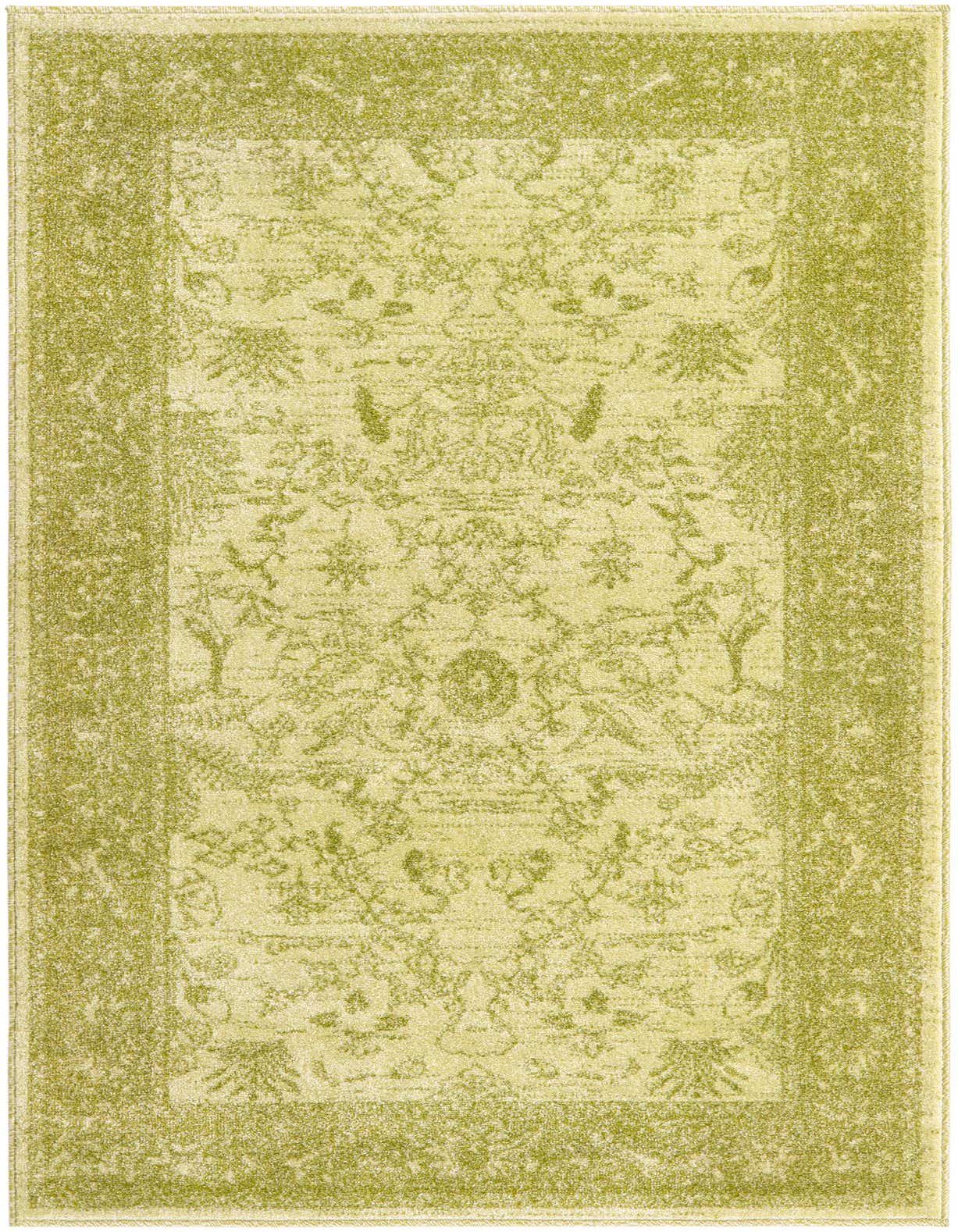 A 3x5 rectangular Rugs.com Miranda rug featuring a traditional botanical pattern in varying shades of green, with a medium pile.