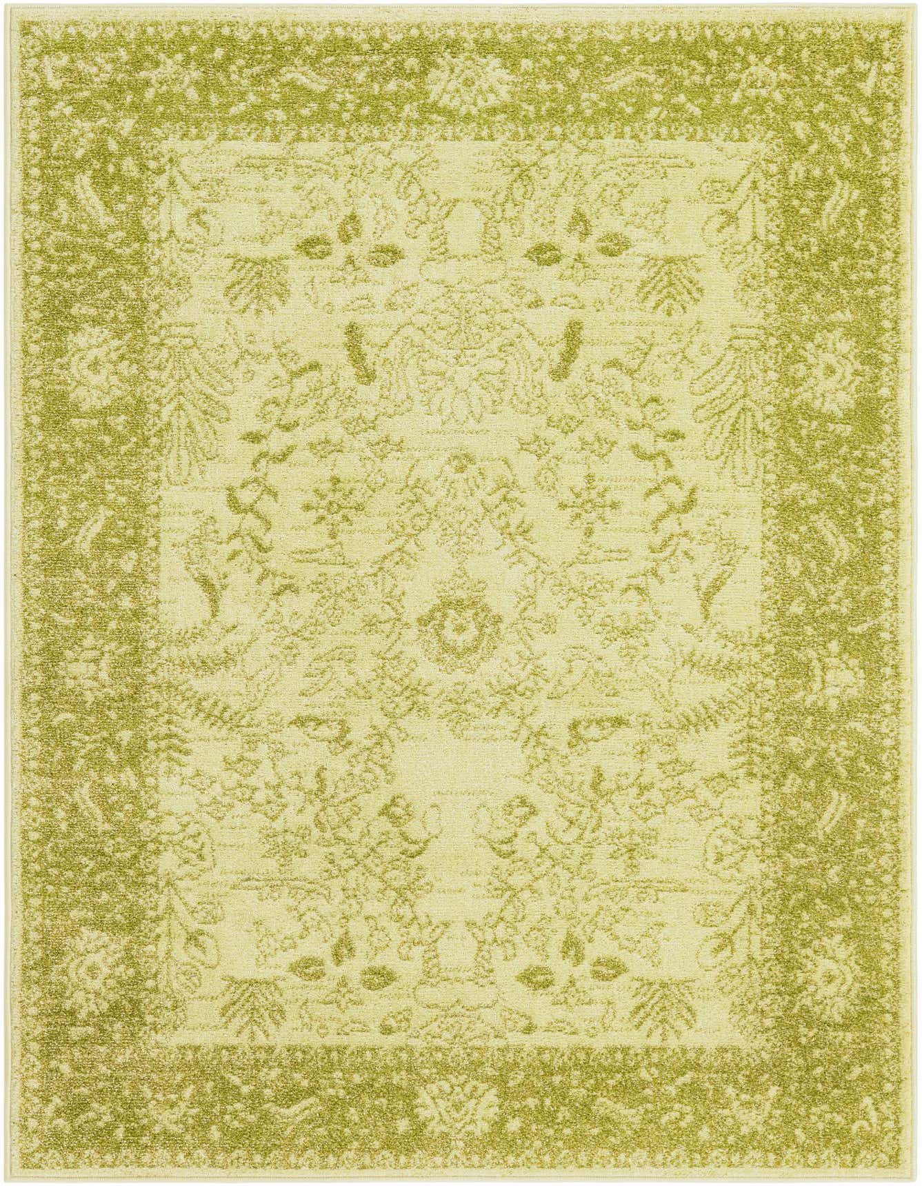 A 4x6 rectangular Miranda rug in varying shades of green, featuring a traditional botanical pattern with a distinct border.