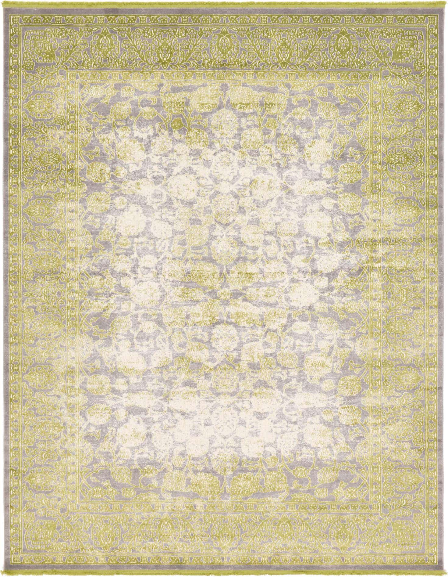 A 9x12 rectangular Modern Classical rug in shades of green and off-white, featuring an eclectic botanical pattern with a distressed vintage look.