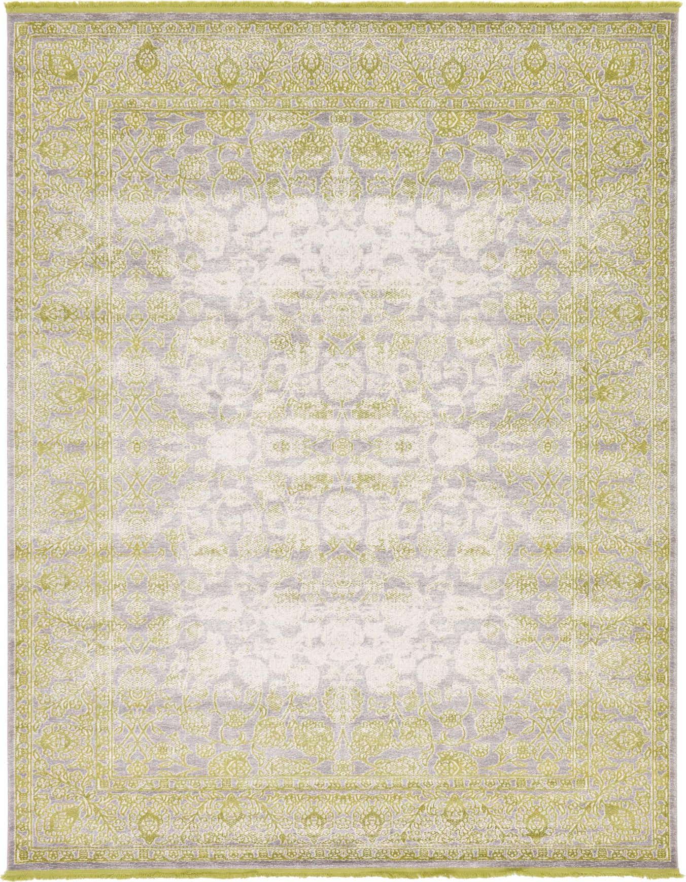 A 7x10 rectangular Modern Classical rug featuring a faded green botanical medallion pattern on a light grey background.