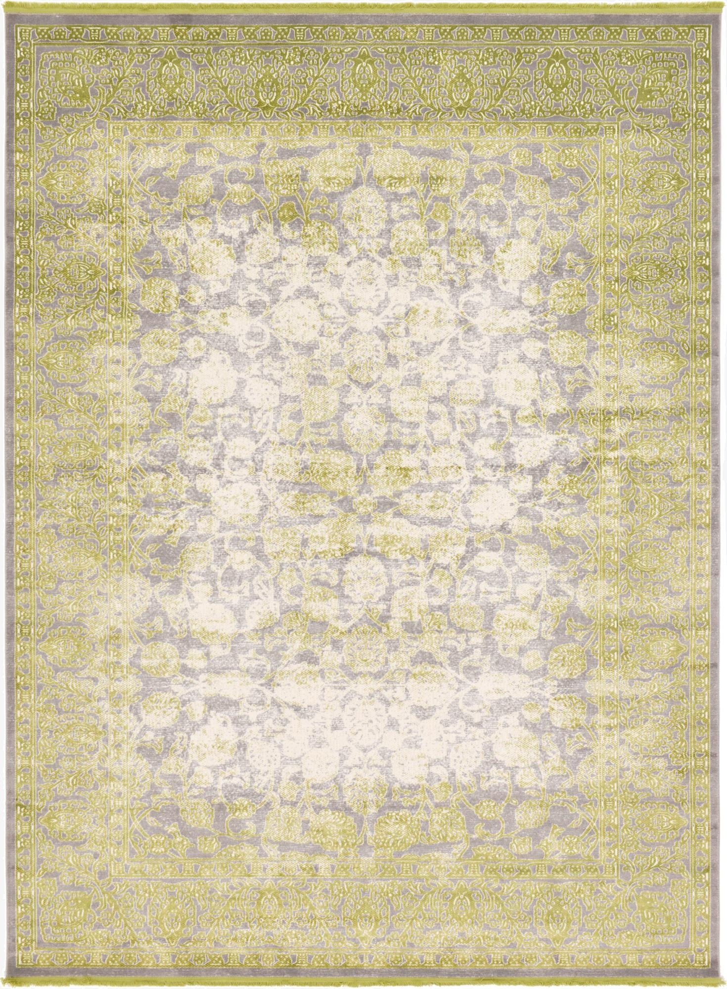 A 9x12 rectangular Modern Classical rug in shades of green and off-white, featuring an eclectic botanical pattern with a distressed vintage look.