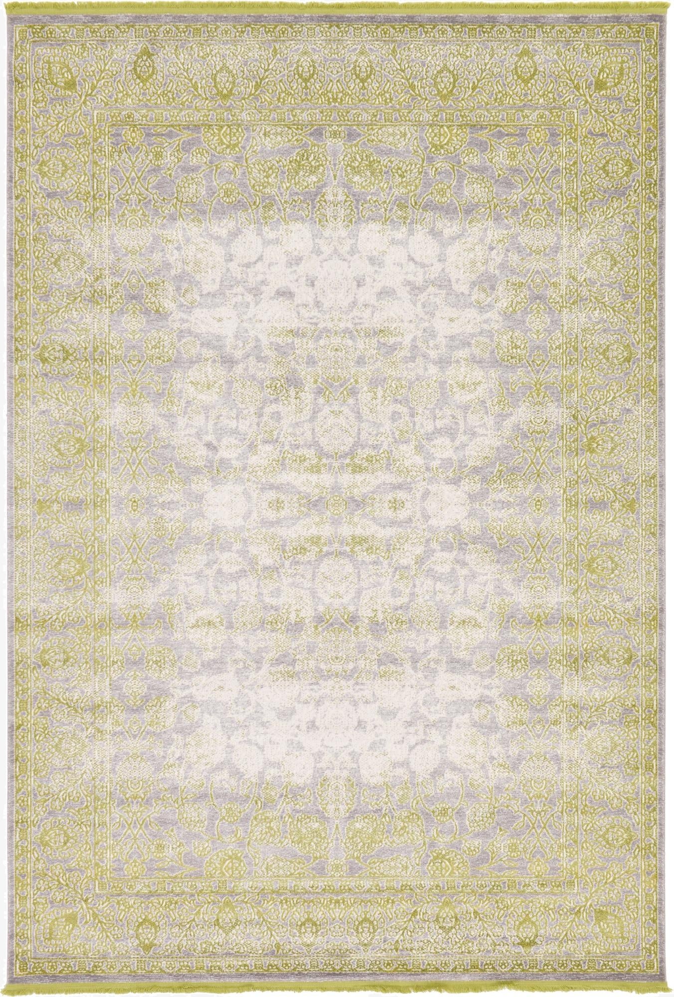 A 7x10 rectangular Modern Classical rug featuring a faded green botanical medallion pattern on a light grey background.
