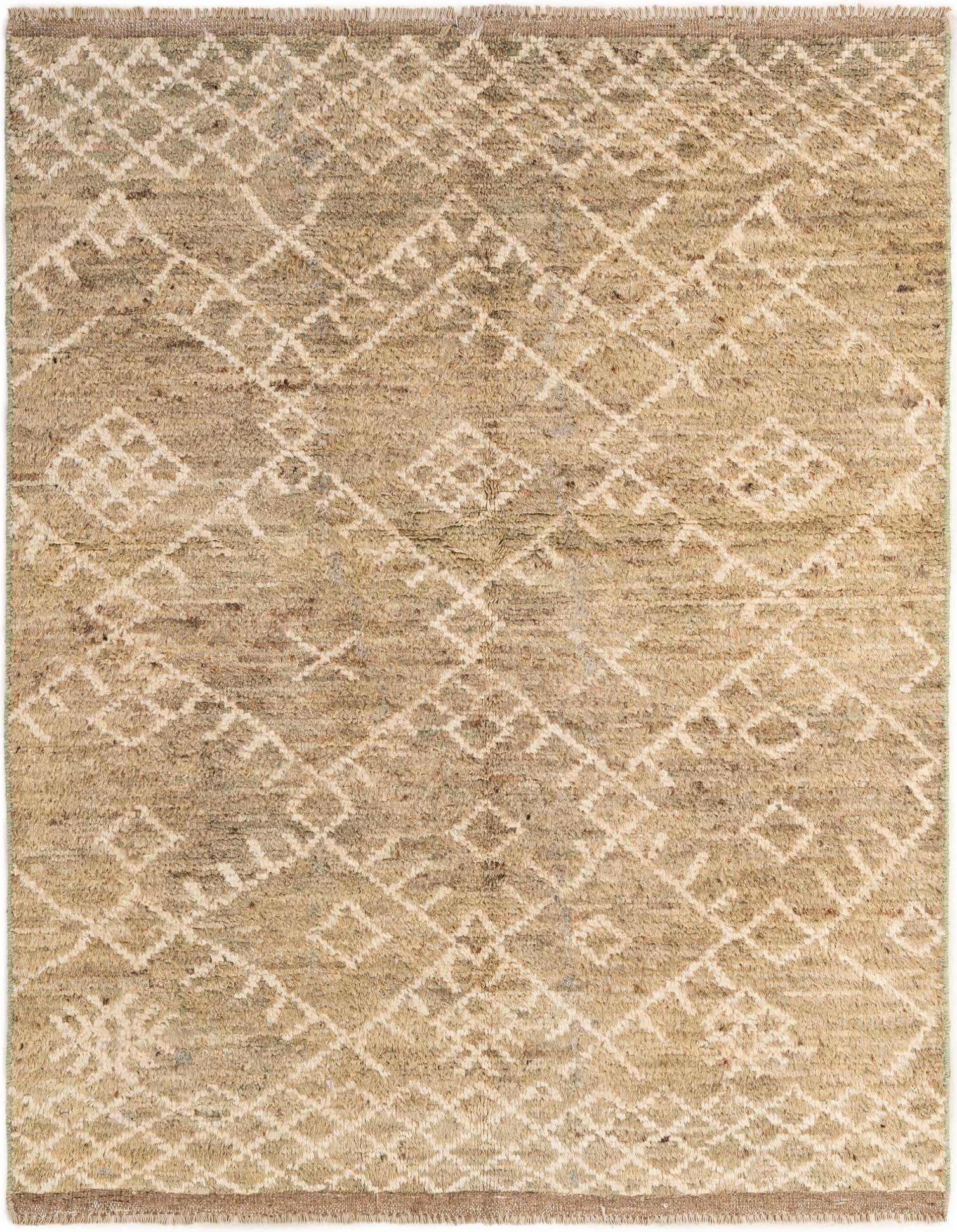 A 5x7 rectangular Moroccan tribal rug in varying shades of green with an off-white geometric diamond pattern.