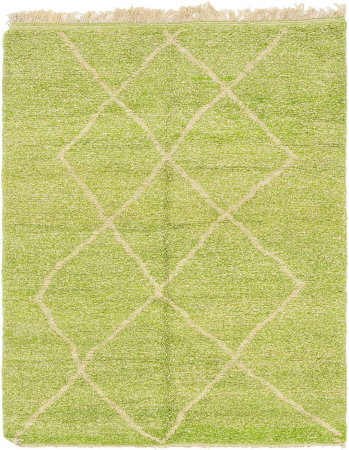 A 5x8 rectangular shag rug in bright green with a cream diamond trellis pattern and fringed ends.