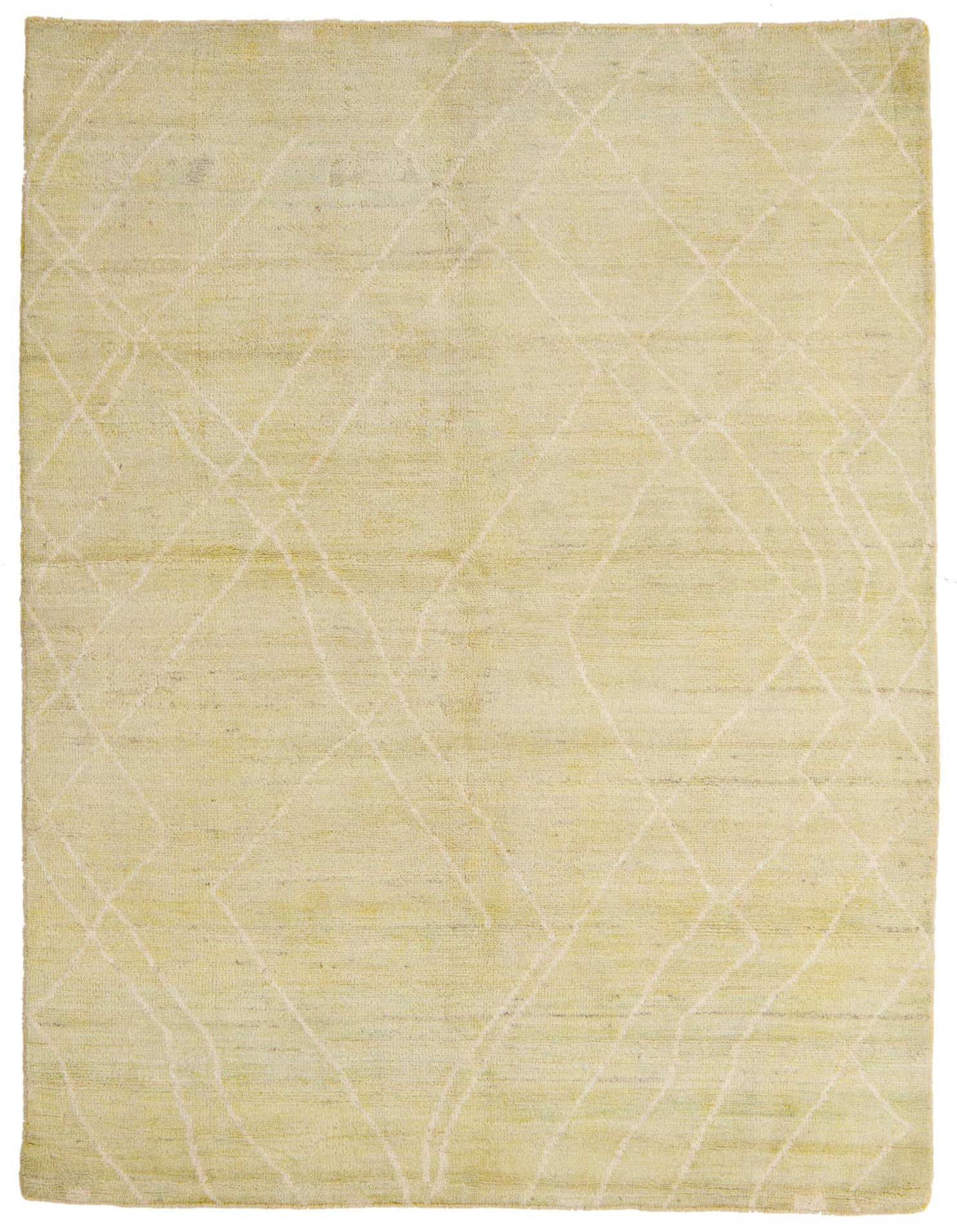 A 5x8 rectangular green wool shag rug with a subtle tribal diamond pattern, perfect for a modern living room.