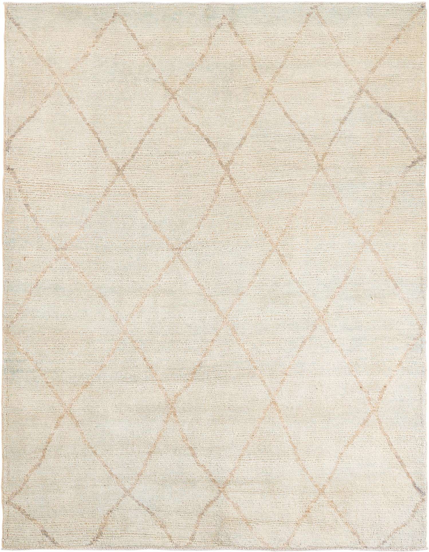 A 6x9 rectangular Moroccan shag rug with a cream background and subtle green diamond tribal pattern, perfect for a modern living room.