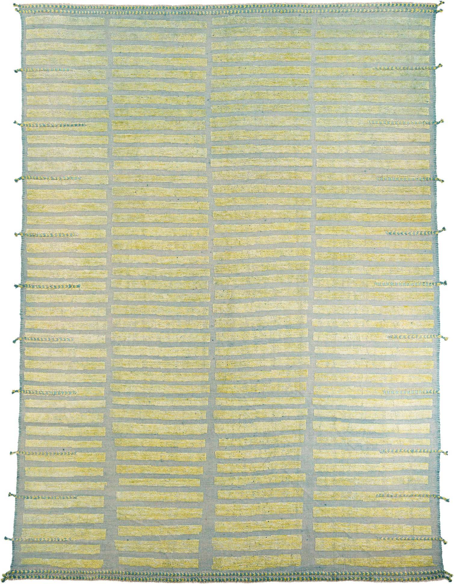 A 10x14 rectangular green Moroccan shag rug with a modern tribal pattern of horizontal stripes, handmade from wool.