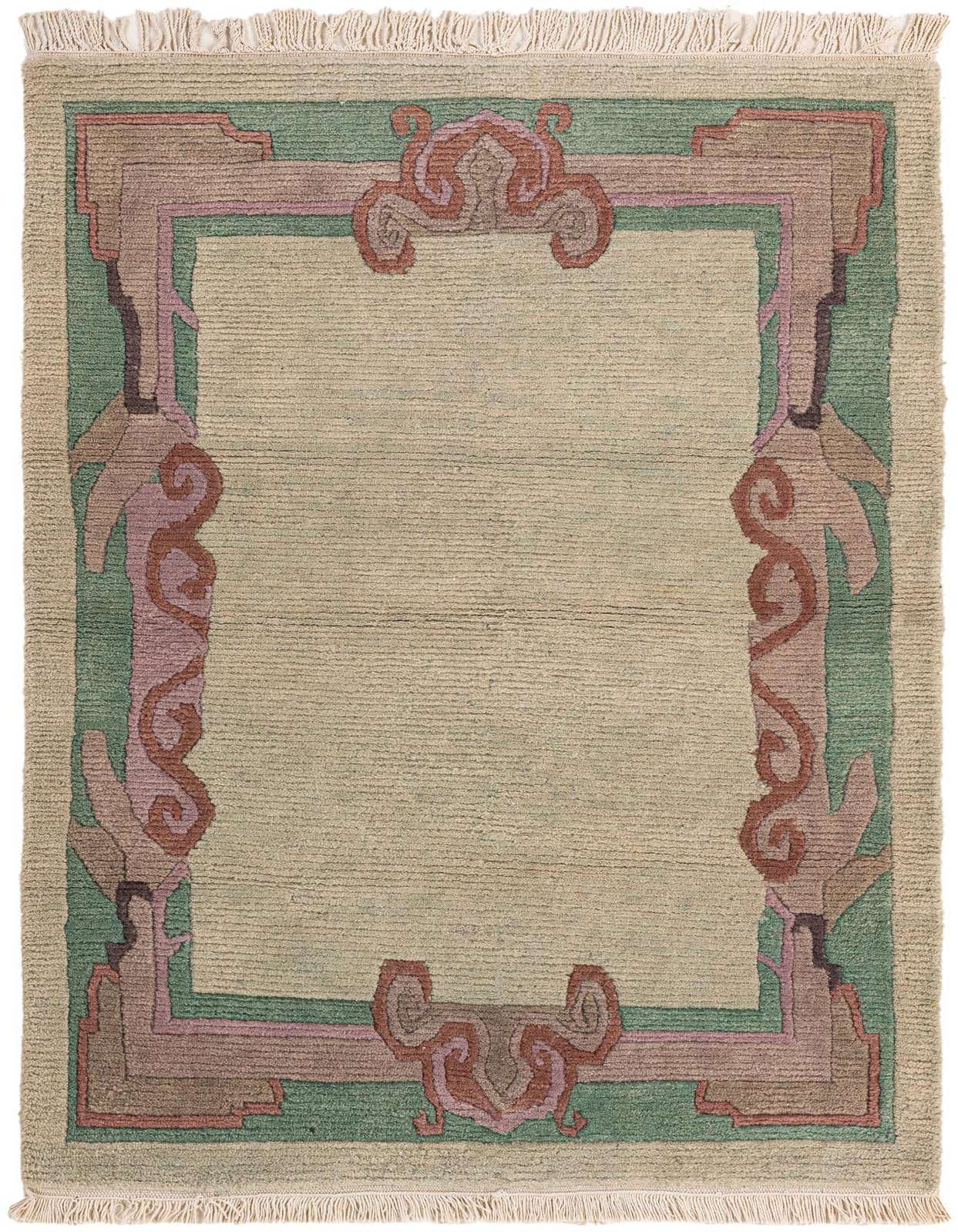 A 3x5 rectangular green wool rug featuring a modern oriental abstract border in shades of green, pink, and brown around a light beige center.