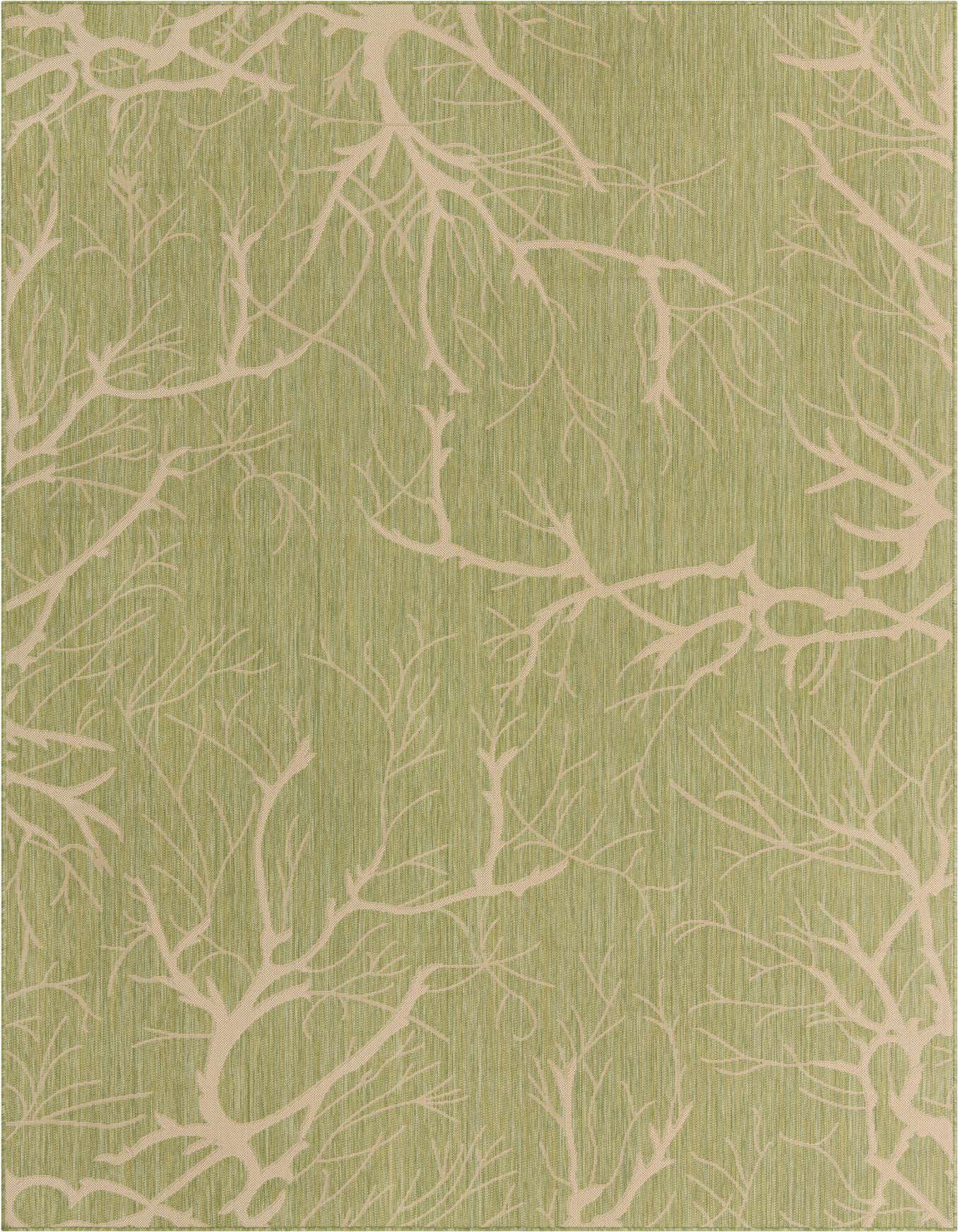 An 8x11 rectangular green indoor/outdoor rug with a light beige botanical coral or tree branch pattern, suitable for a patio or living room.
