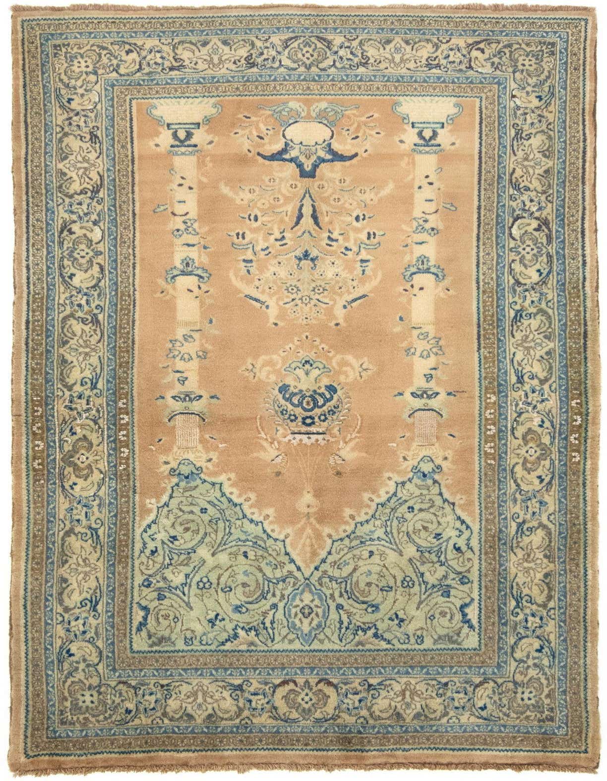 A 4x6 rectangular Sarough Persian rug with a peach field and intricate green and blue floral patterns, featuring a detailed border.