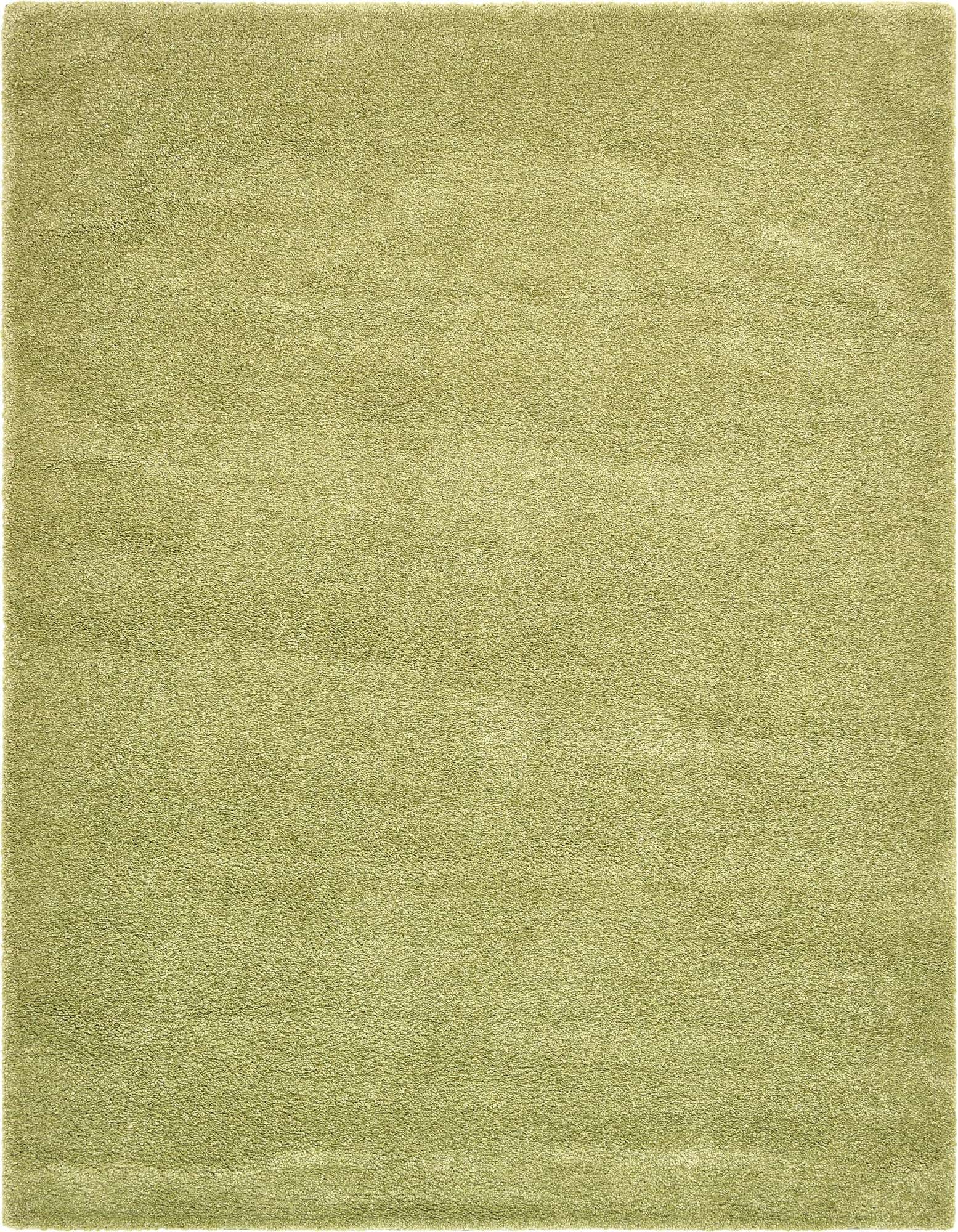 A large 8x10 rectangular solid green area rug with a textured, soft pile, perfect for a living room.
