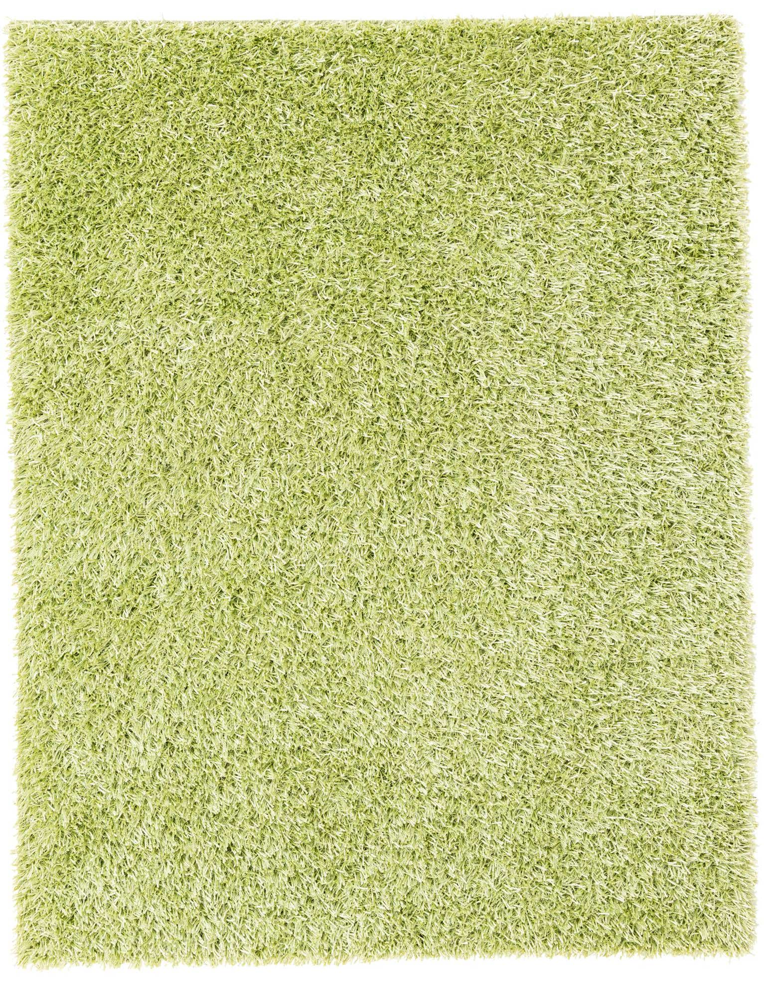 A 5x8 rectangular green shag rug with a textured, plush pile, perfect for a modern living room.