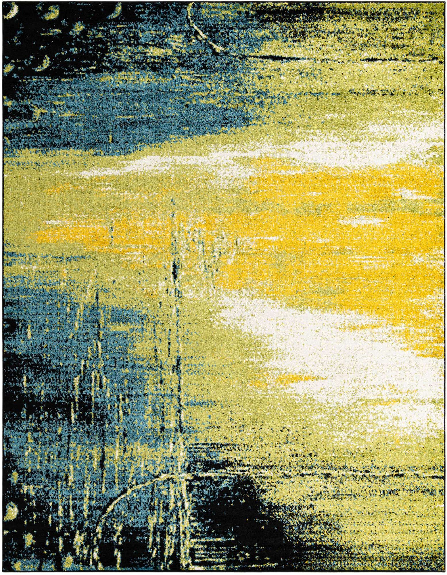 An 8x10 rectangular area rug featuring an abstract botanical pattern in shades of green, yellow, blue, and black, suitable for a modern living room.