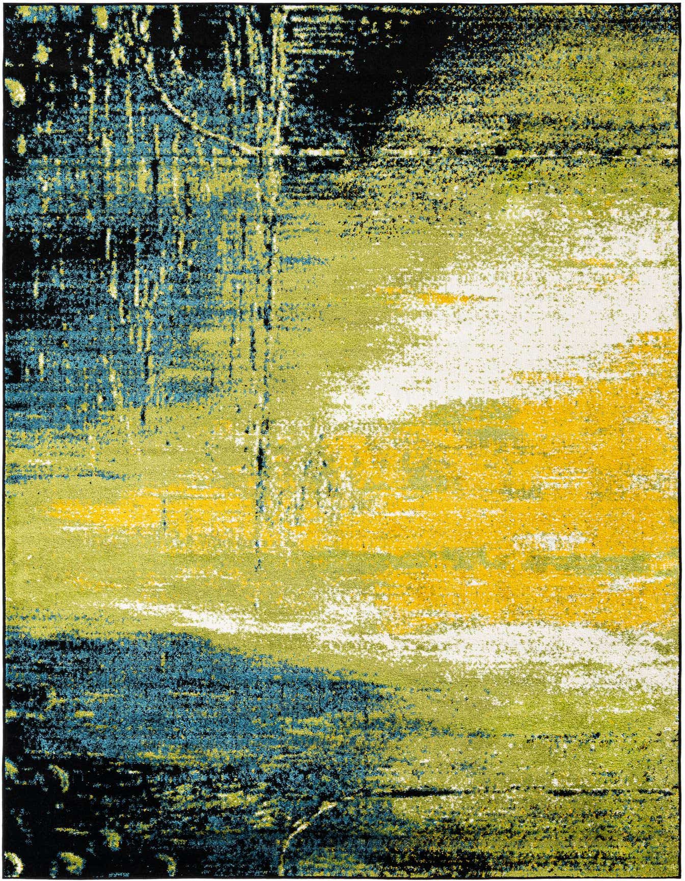 A 6x9 rectangular area rug featuring a modern abstract botanical design in shades of green, blue, yellow, black, and white.