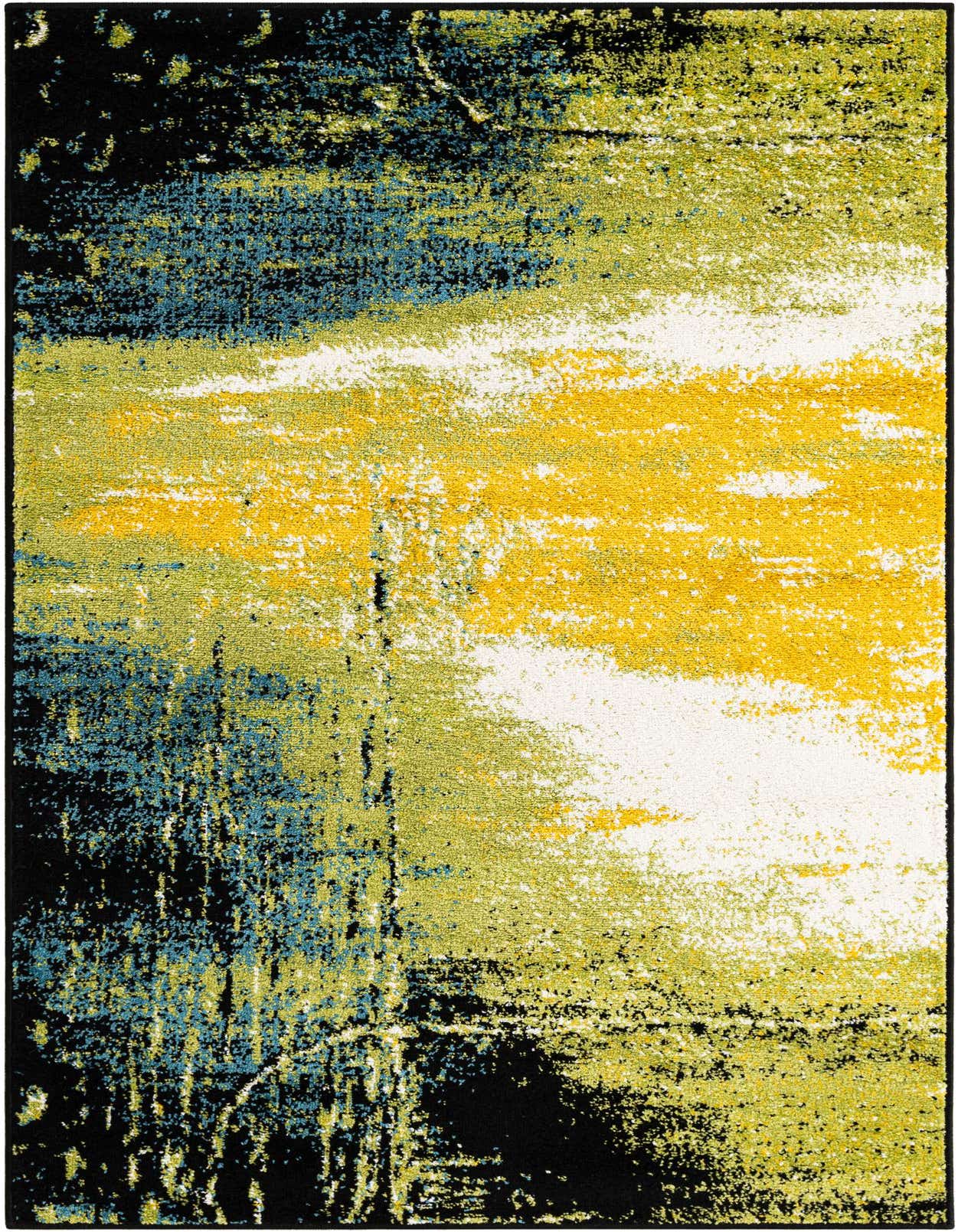 A rectangular 3x5 indoor rug featuring an abstract botanical pattern in shades of green, yellow, blue, and black, with a medium pile.