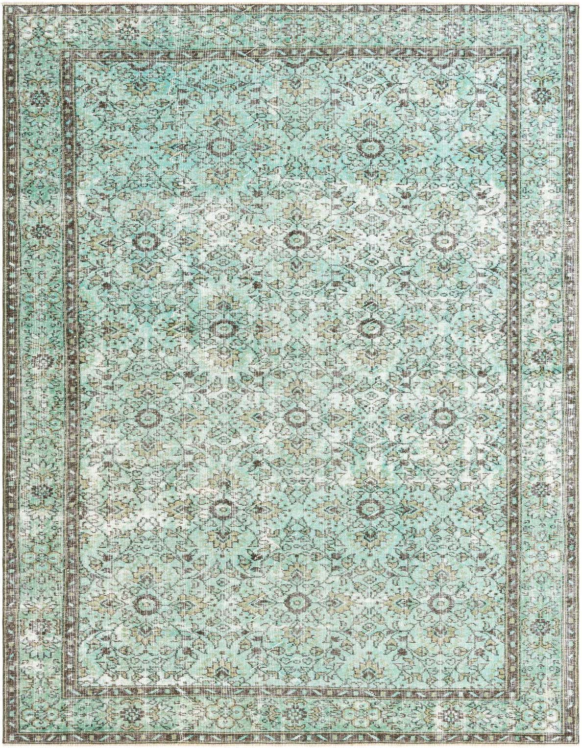 A 6x9 rectangular Ultra Vintage rug in shades of green with a distressed Persian pattern and dark border.