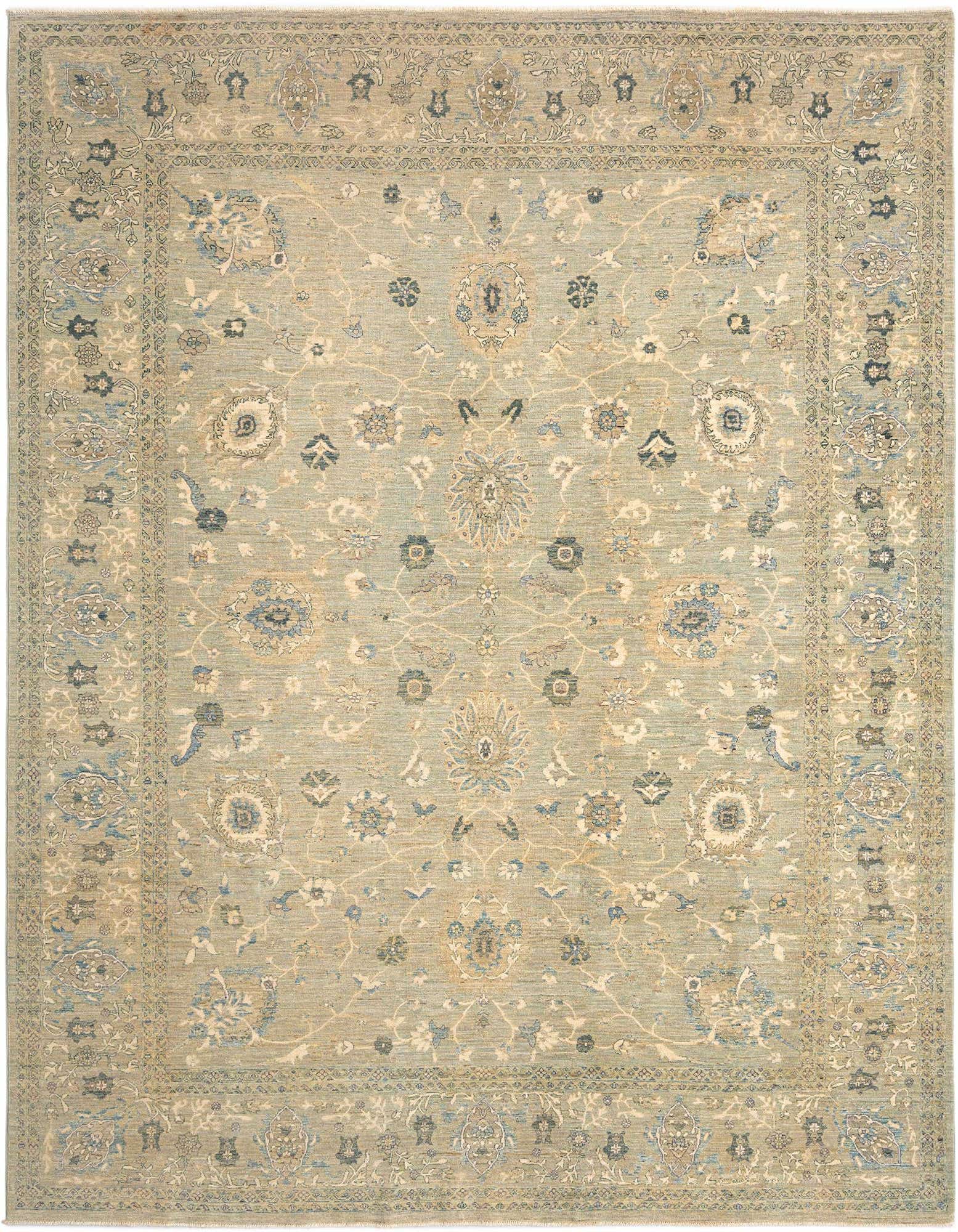 An 8x10 rectangular Ziegler Persian rug in shades of green and beige with intricate floral patterns.