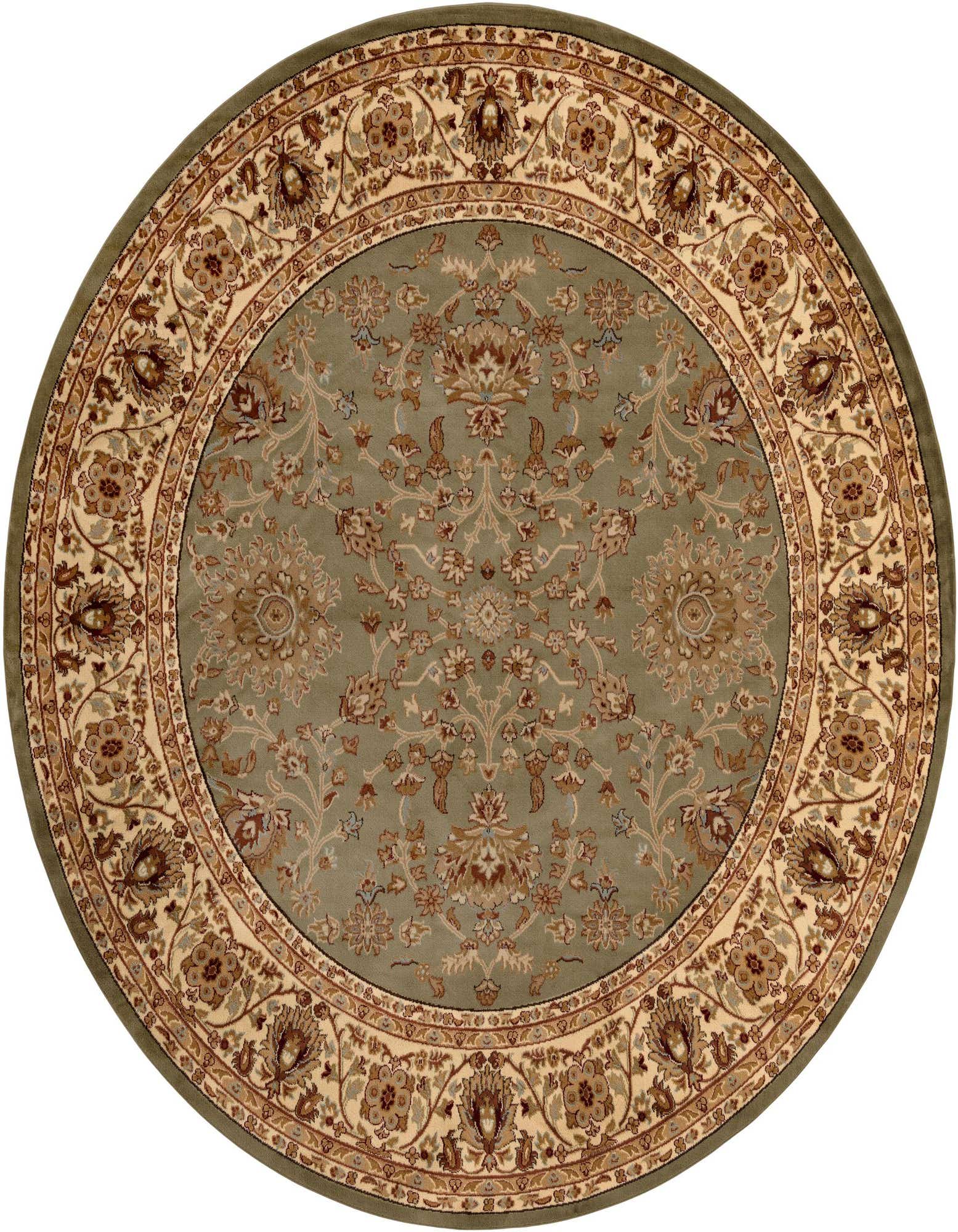 A 10-foot round green French-style rug with an intricate floral medallion pattern and a cream and brown border.