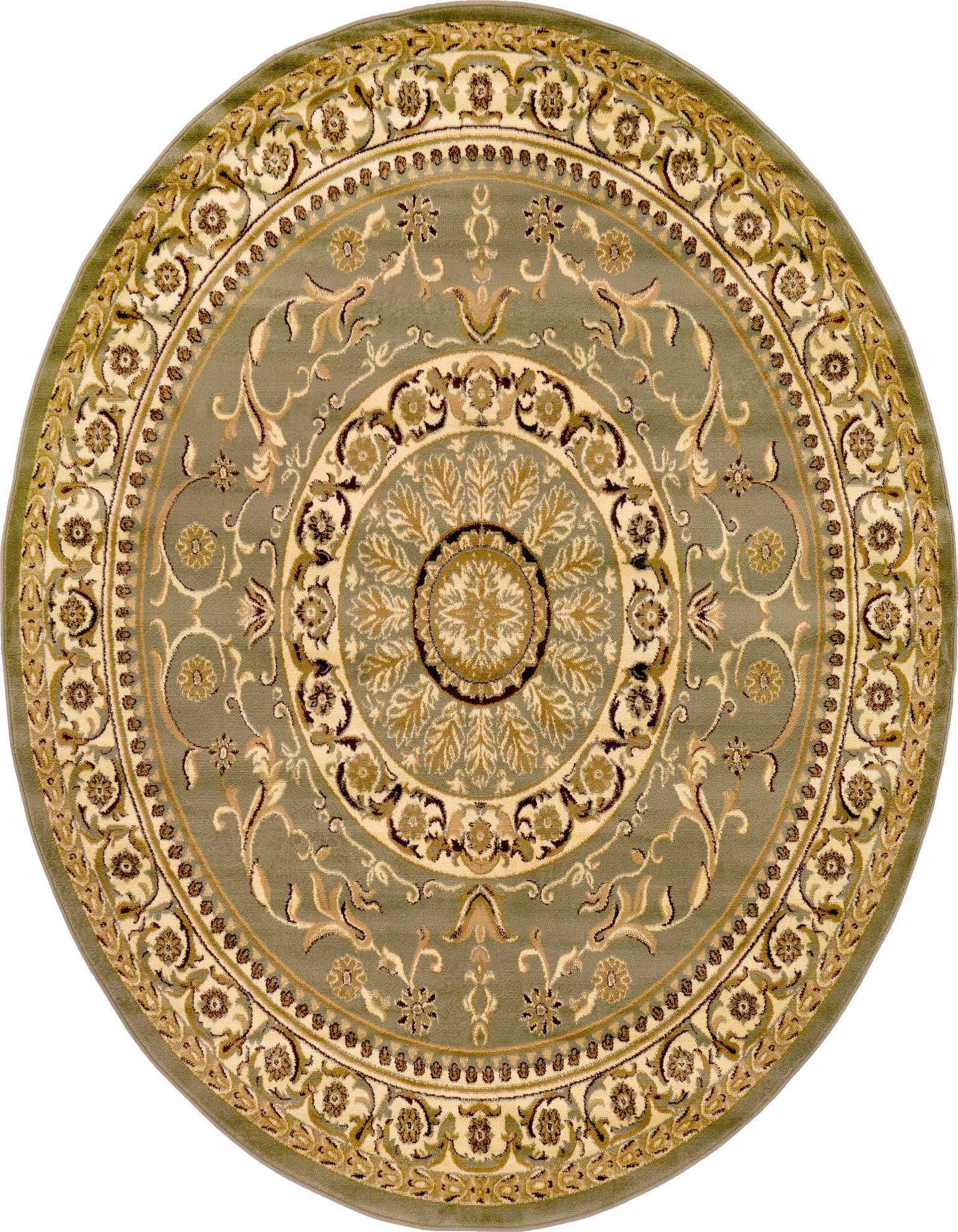 A 7' 10 round Chateau rug in shades of green with an intricate traditional botanical medallion pattern and a thin pile.