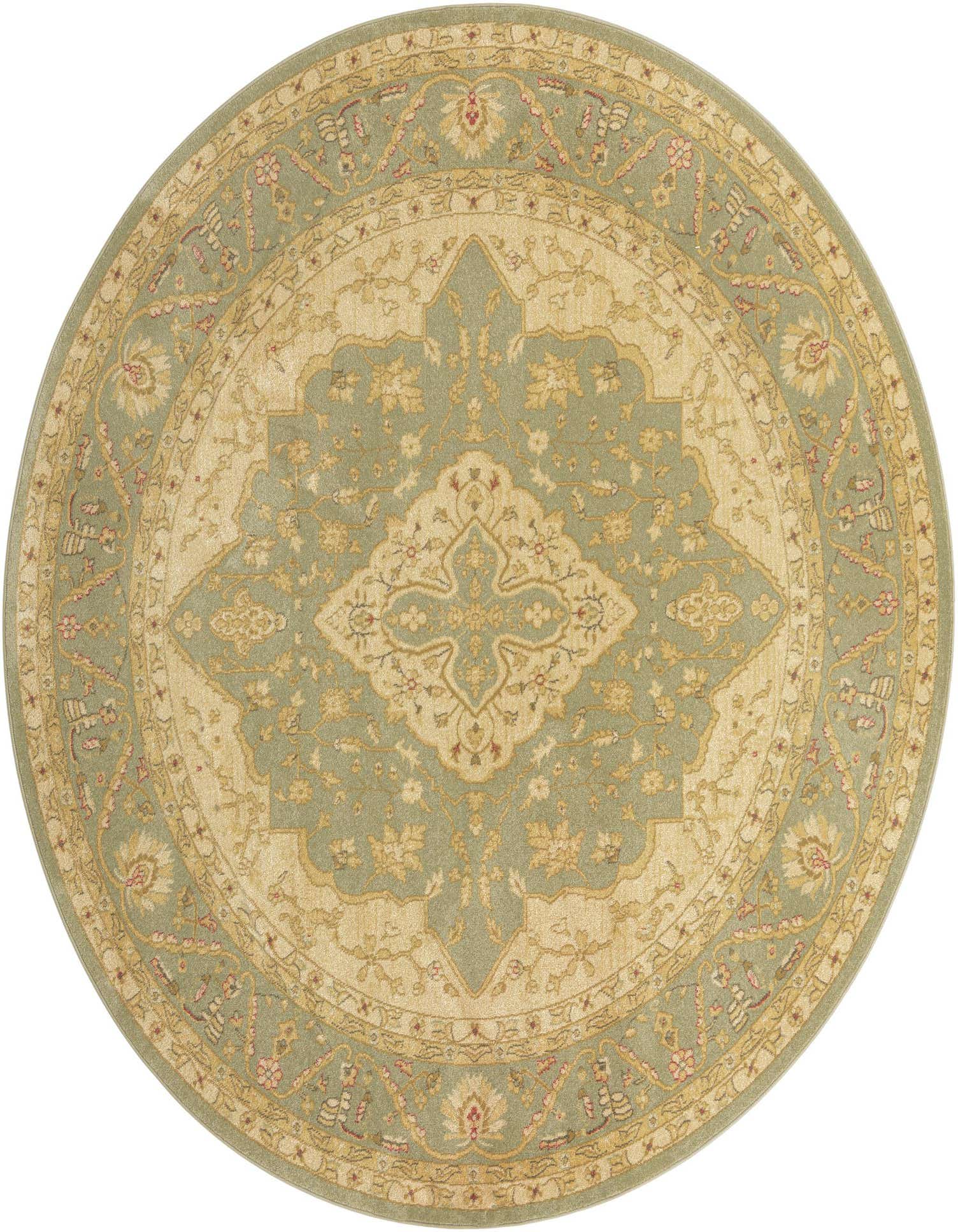 A round 8' green and beige traditional Bohemian rug with a central medallion and botanical patterns.
