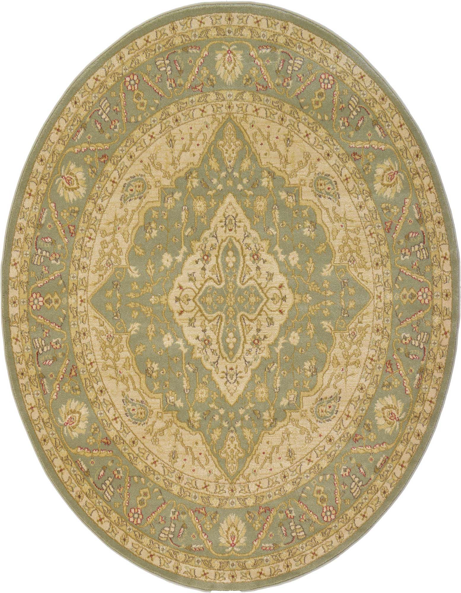 A 6' 0 x 6' 0 round green and beige Bohemian rug with a traditional medallion and botanical pattern.