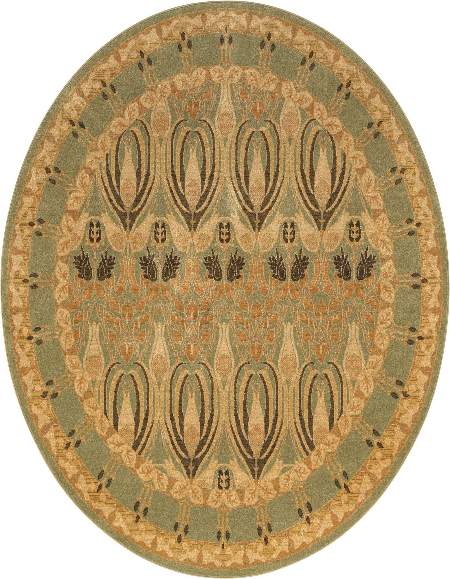 A round 8' green and beige Bohemian rug with a detailed botanical pattern and a decorative border.
