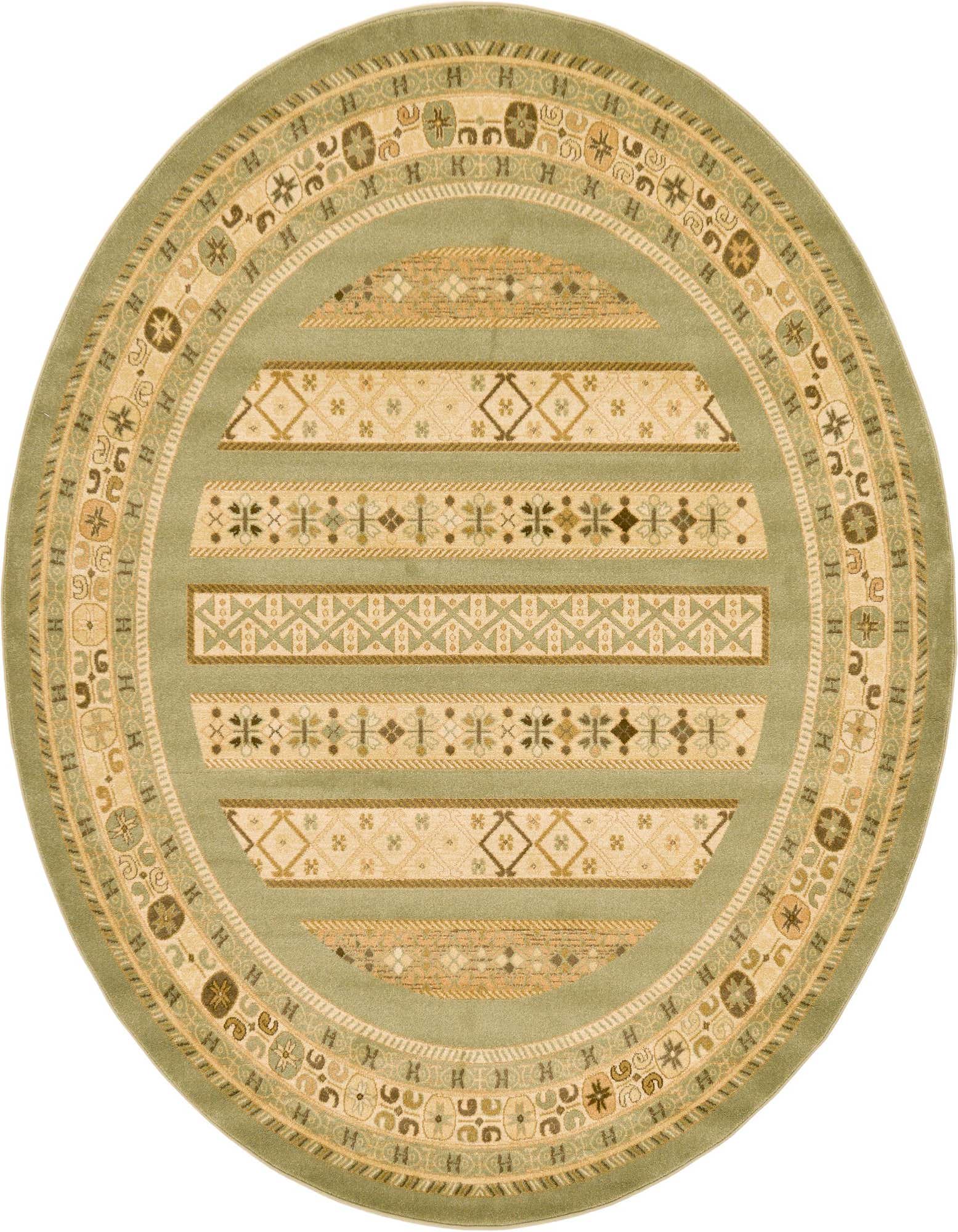 A round green area rug with a Southwestern-inspired pattern, featuring concentric bands of geometric and botanical motifs in shades of green, beige, and brown.