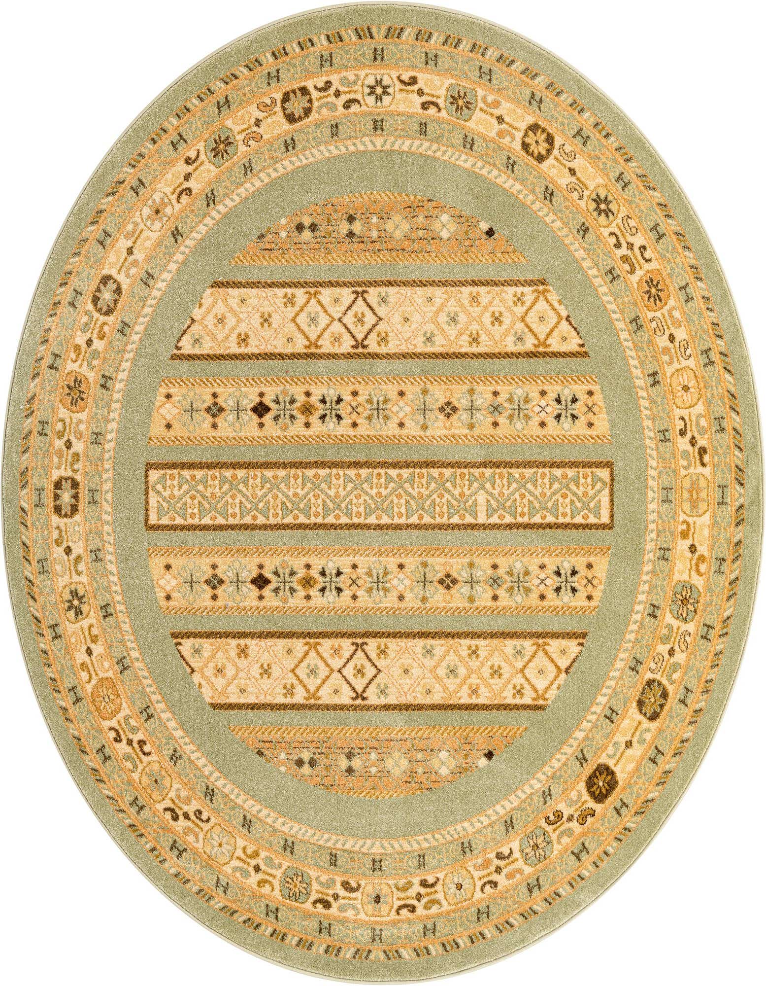 A round 6' green Kashkuli Gabbeh rug with a central striped pattern and an intricate botanical and tribal border.