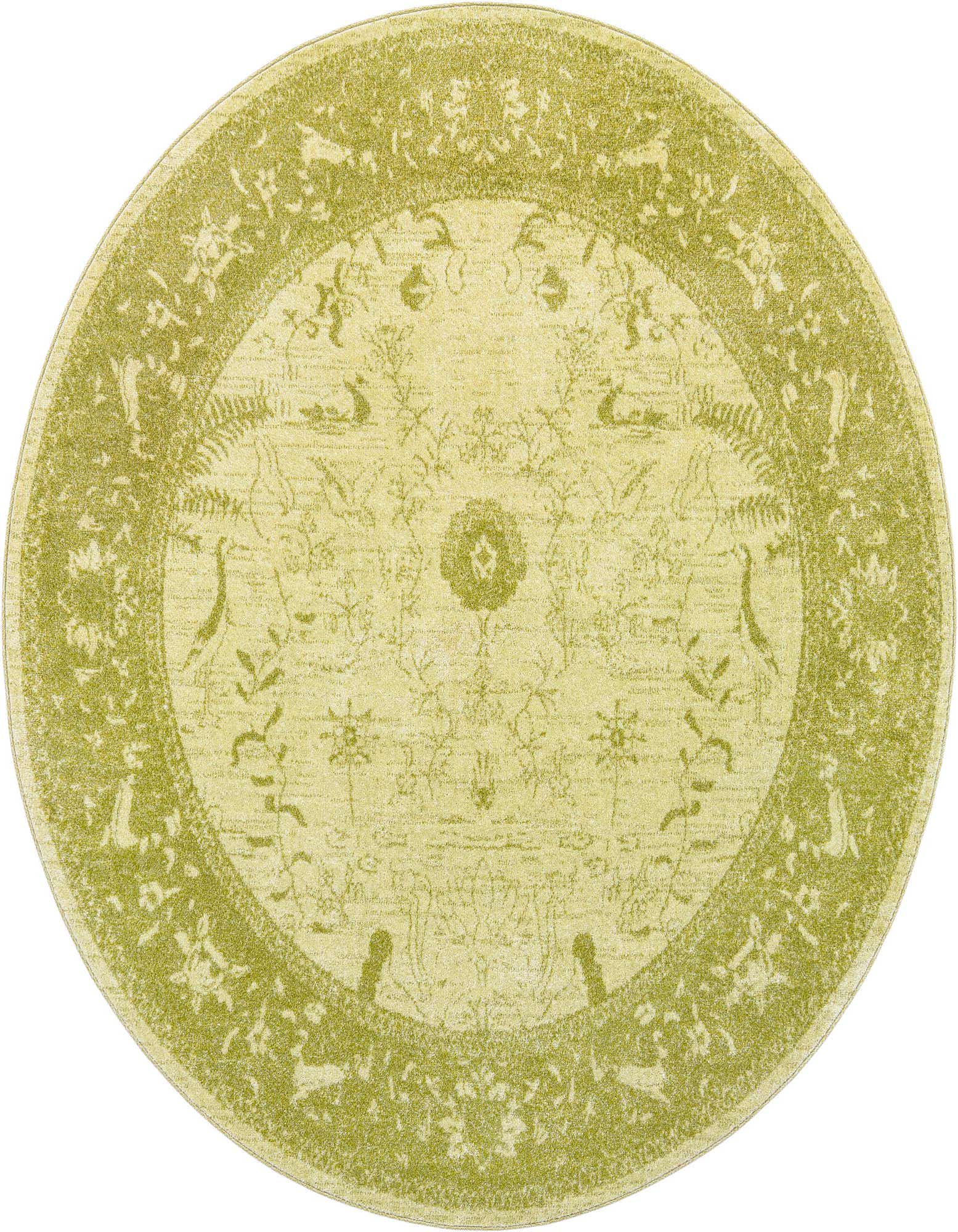 A 7' 10 round green area rug featuring a traditional botanical pattern with a central medallion and ornate border.