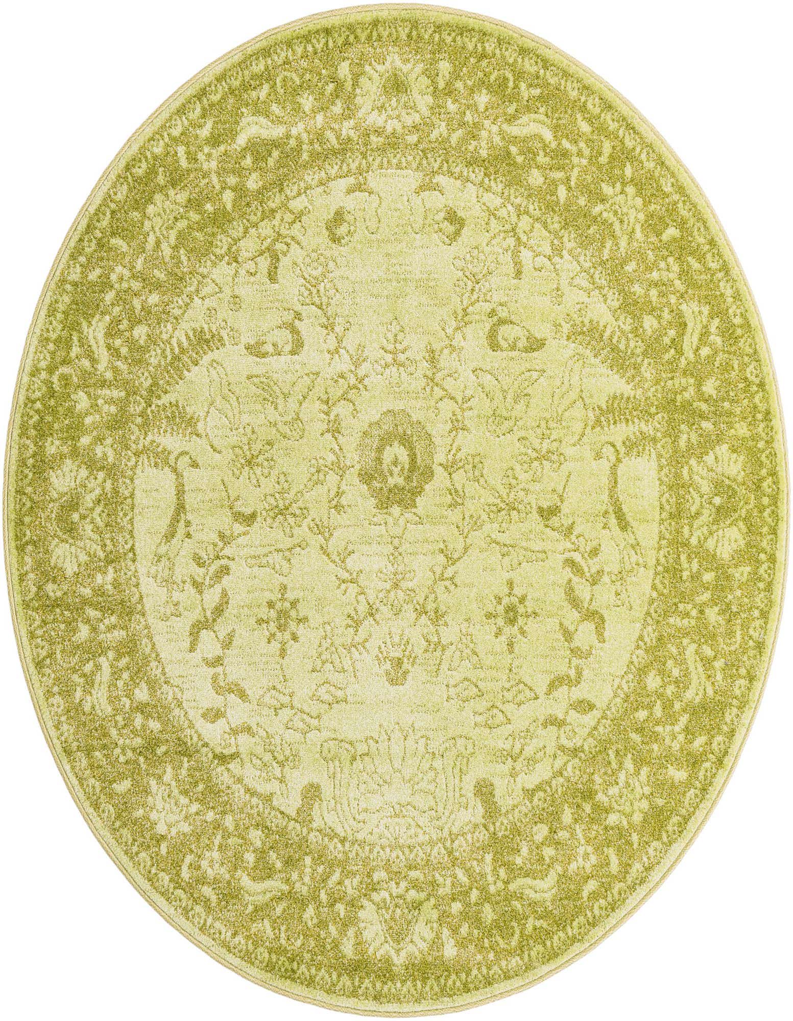 A 6' 0 x 6' 0 round green area rug featuring a traditional botanical pattern with a central medallion and ornate border.