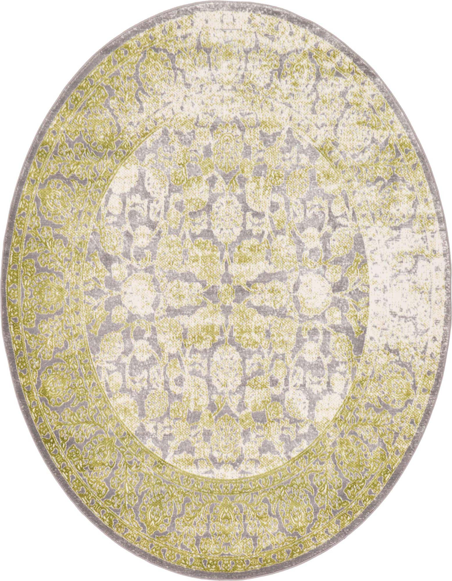 A 6' 0 round green and gray rug with a distressed medallion pattern and ornate border.
