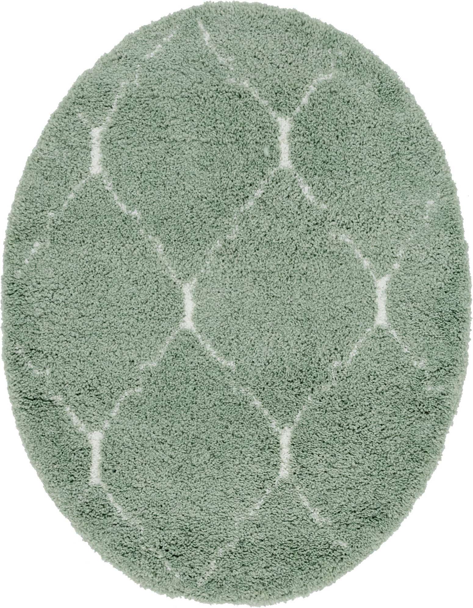 A 5' 3 round green shag rug with a white minimalist trellis pattern, offering soft texture.