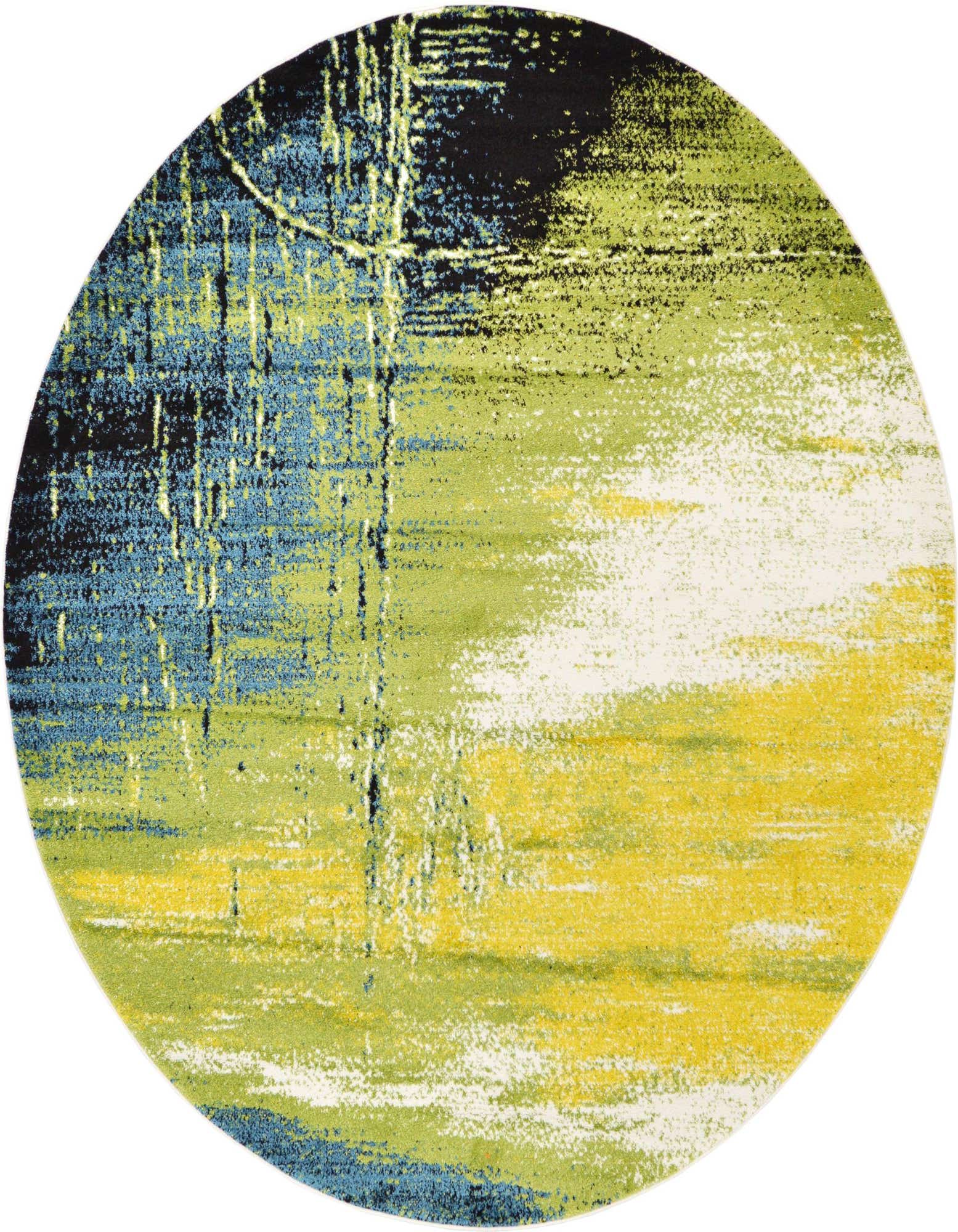 A round 8' green, blue, and yellow abstract botanical rug with a modern design, suitable for an indoor space.