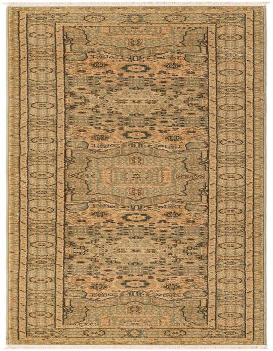 A 10 ft runner rug in green and tan with a traditional medallion and tribal patterns, ideal for a hallway.
