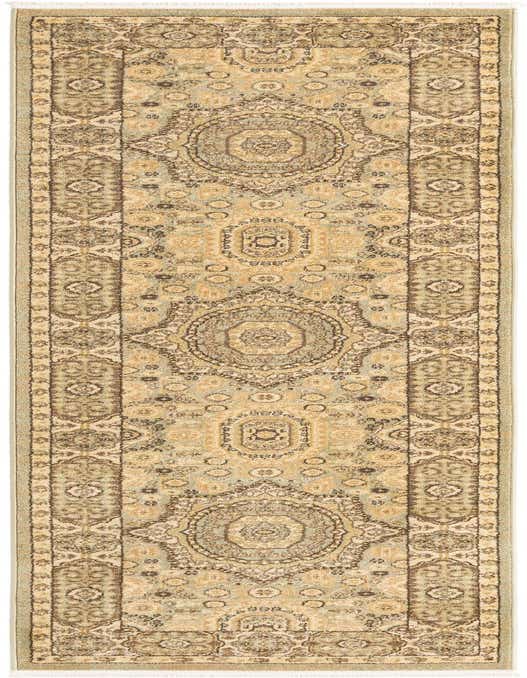 A 10 ft runner rug with a traditional medallion pattern in shades of green, brown, and beige, ideal for a hallway.