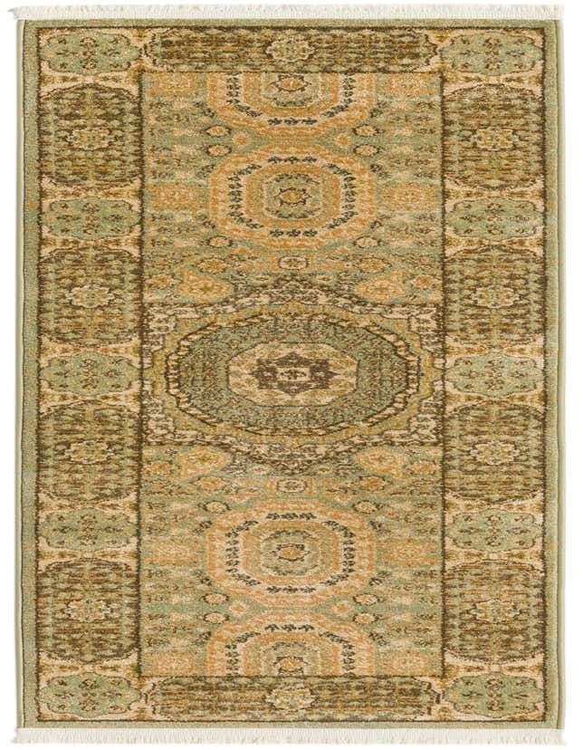 A 6 ft runner rug featuring a distressed medallion and botanical pattern in shades of green, brown, and beige, with fringe.