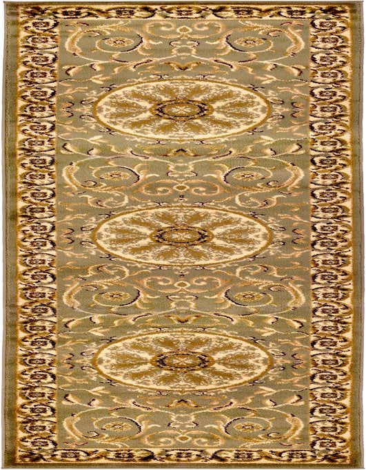 A 10 ft runner rug from the Rugs.com Chateau collection, featuring a traditional green and gold botanical medallion pattern.