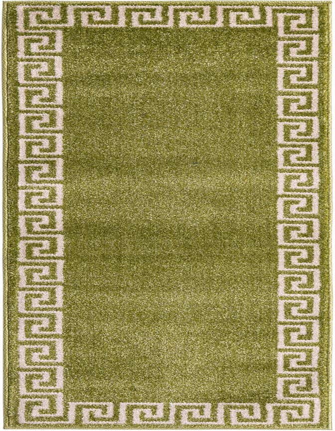 A 6 ft runner rug in a vibrant green color with a white Greek key border pattern, ideal for a hallway.