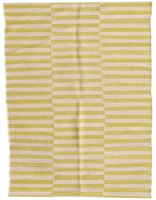 A 10 ft runner rug featuring a modern tribal pattern of alternating horizontal stripes in light green and cream.