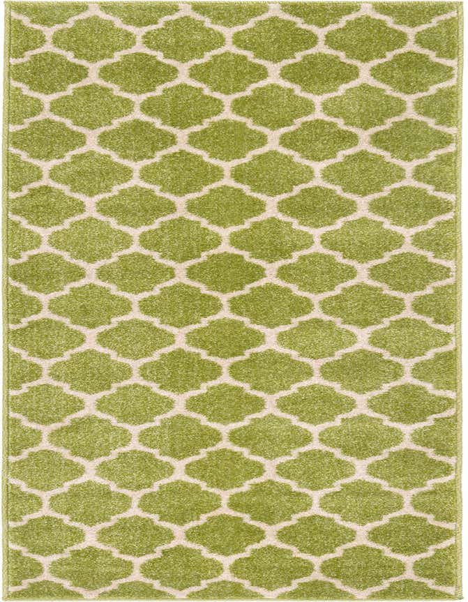 A 6 ft runner rug with a modern green trellis pattern on a cream background, ideal for hallways or kitchens.